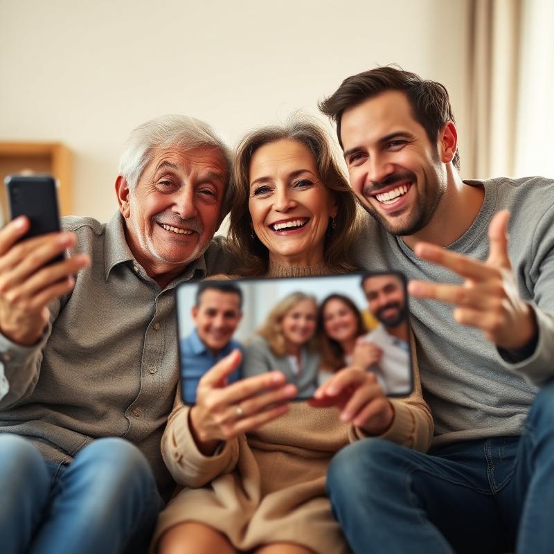 Happy family members looking at a smartphone screen together