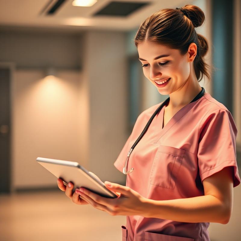 Professional nurse smiling while holding a digital tablet